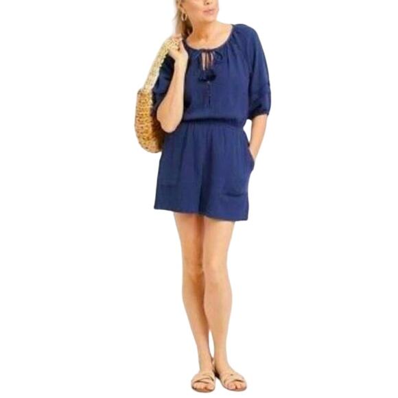 Knox Rose Navy Gauze Boho Short‎ Sleeve Romper Size Small - Picture 1 of 11
